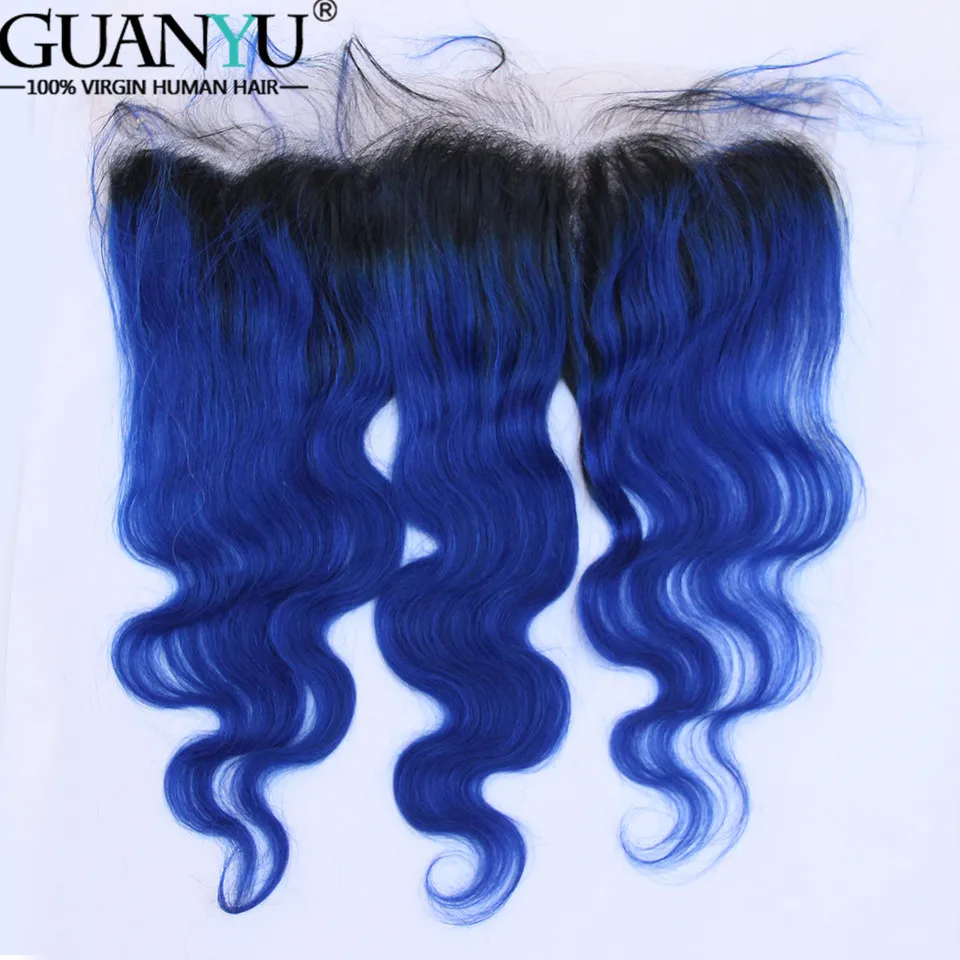 Guanyuhair Ombre # 1B/синий 3 Связки с 13x4 синтетический Frontal шнурка волос синтетическое
