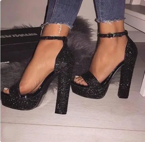

Carpaton Black Glitter Embellished High Heel Sandals Sexy Open Toe Platform Thick Heels Shoes Ankle Strap Party Heels