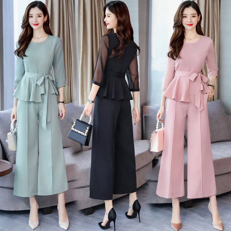 Весенние Женский комплект 2 шт. широкие брюки палаццо Pantalon Femme Conjunto Feminino летний