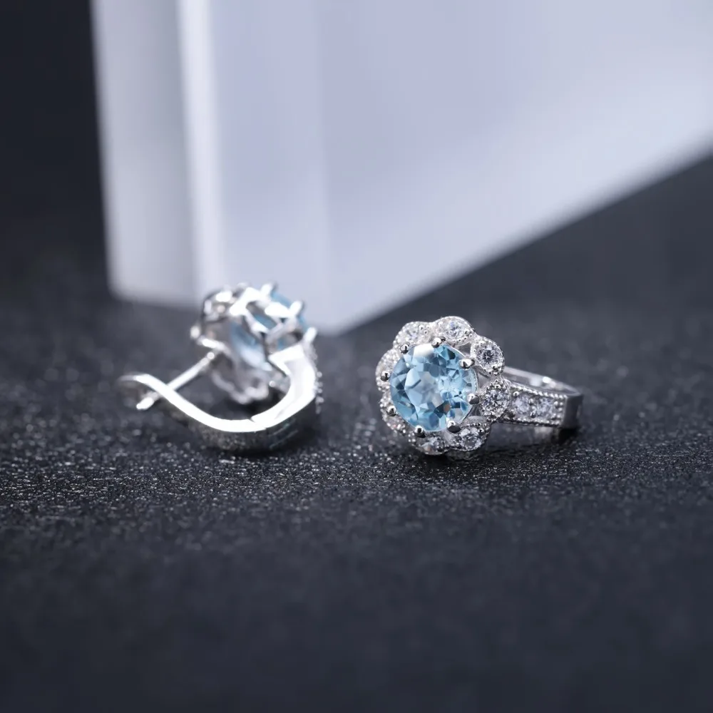 Жемчужные балетные 925 пробы, серебряные Винтажные серьги 3.33Ct, круглые серьги с натуральным небесно-голубым топазом для женщин, хорошее ювелирное изделие
