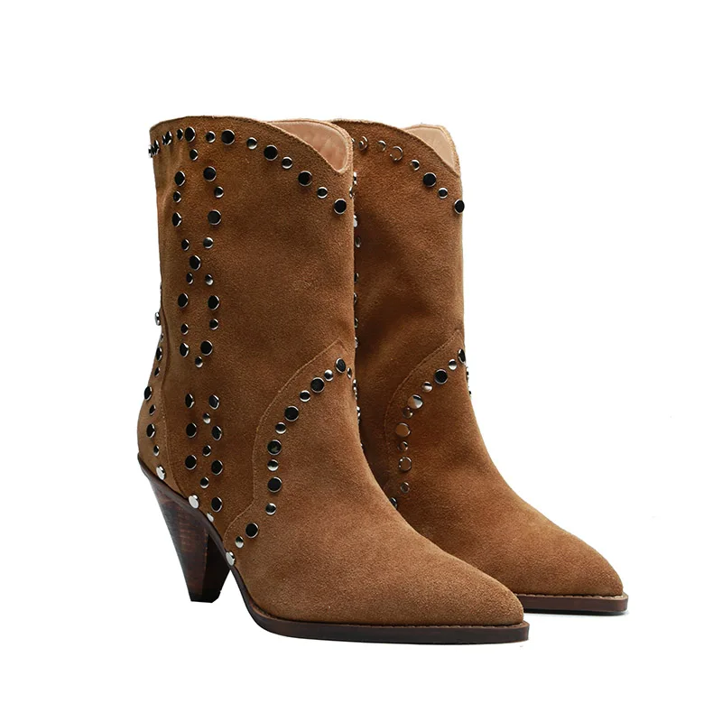 Qianruiti Chaussures Femme коричневые замшевые туфли с заклепками ботинки без застежки