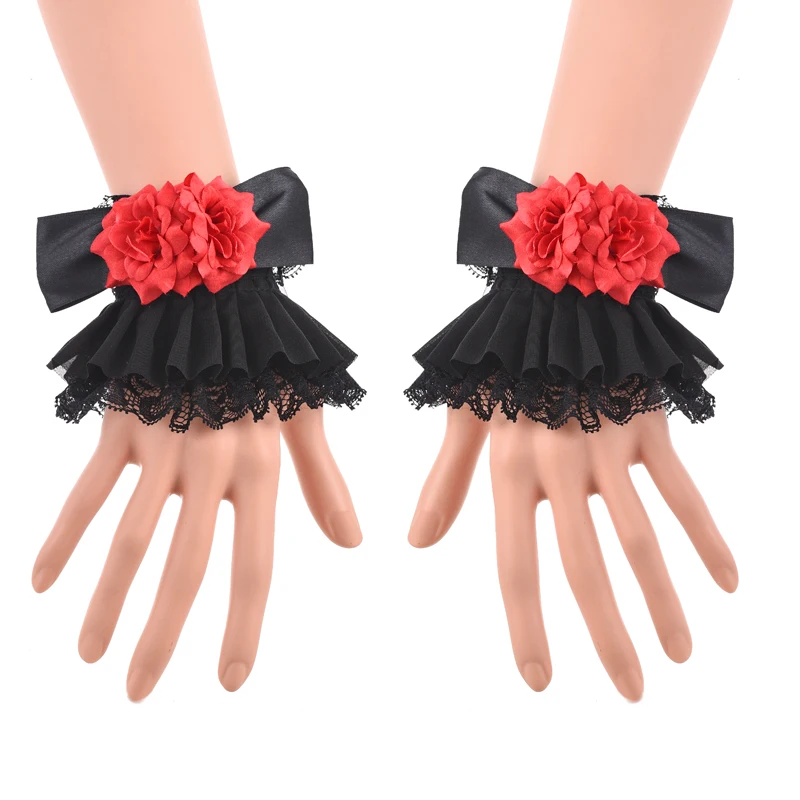 Fashion Rose Black Bowtie Fake Sleeve Lace Lolita Cuffs Victorian Style Wrist Cuff Gothic Steampunk Costumes Accessories
