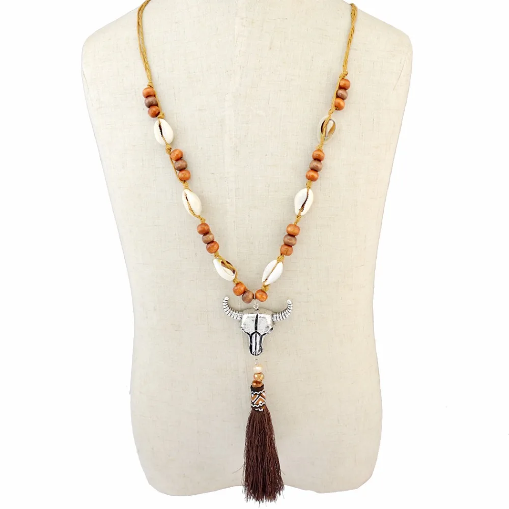 Bohemian Handmade Rope Chain Wooden Beaded Shell Cattle Pendant Necklace Tassel Long Necklaces For Women Fashion Jewelry | Украшения и
