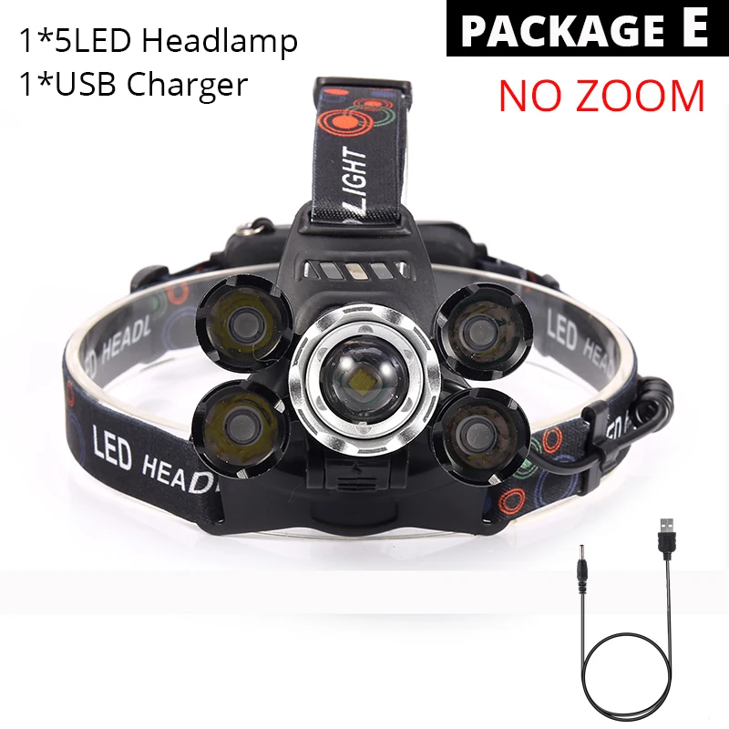 Package E XM-T6x3 светодиодный фонарик с зумом, 5 светодиодный фонарь для кемпинга, рыбалки, налобный фонарь, 2*18650 аккумулятор/AC/Car/Usb/зарядка - Emitting Color: Package E