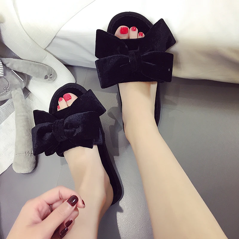С большим бантом женские меховые Сандалии-шлепанцы мягкая женская обувь 4 вида