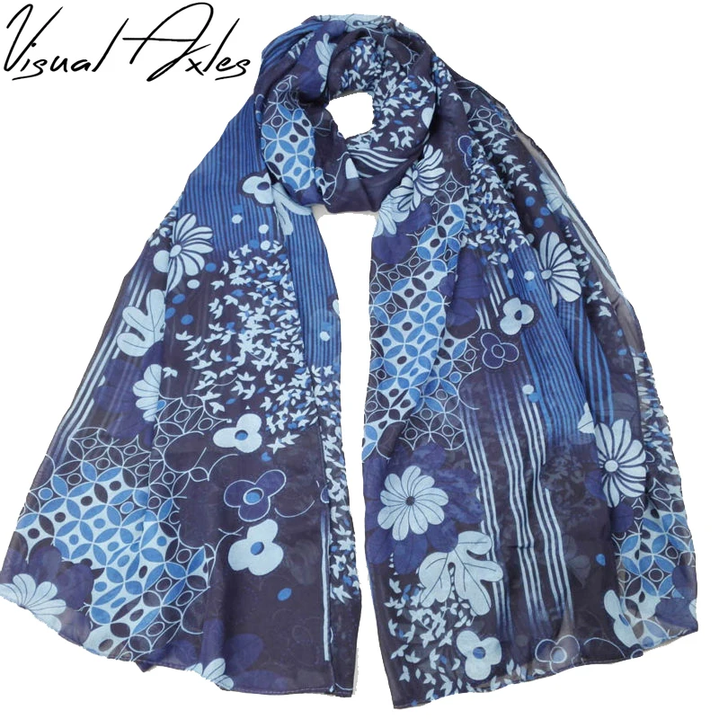 [Видимые оси] Большой размеры цветочный шифоновый шарф 2017 женская обувь синий