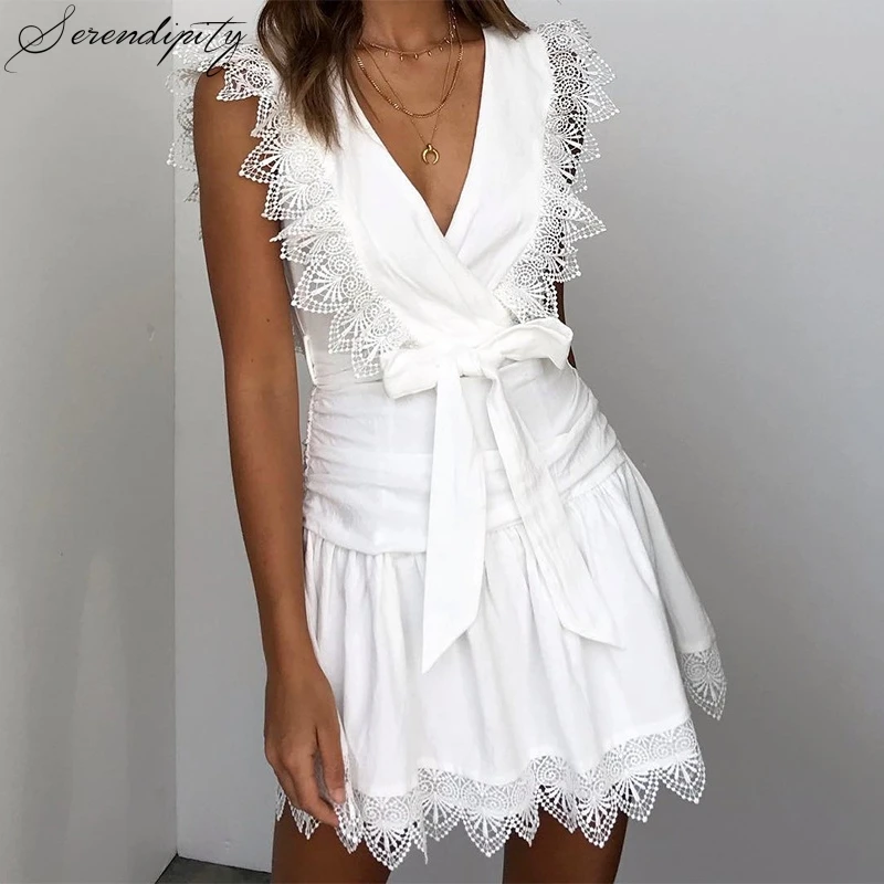 Женское кружевное платье SRDP Летнее мини-платье с глубоким треугольным вырезом и