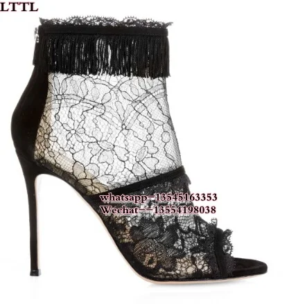 Пикантные черные белые женские ботильоны на шпильках с цветочным кружевом