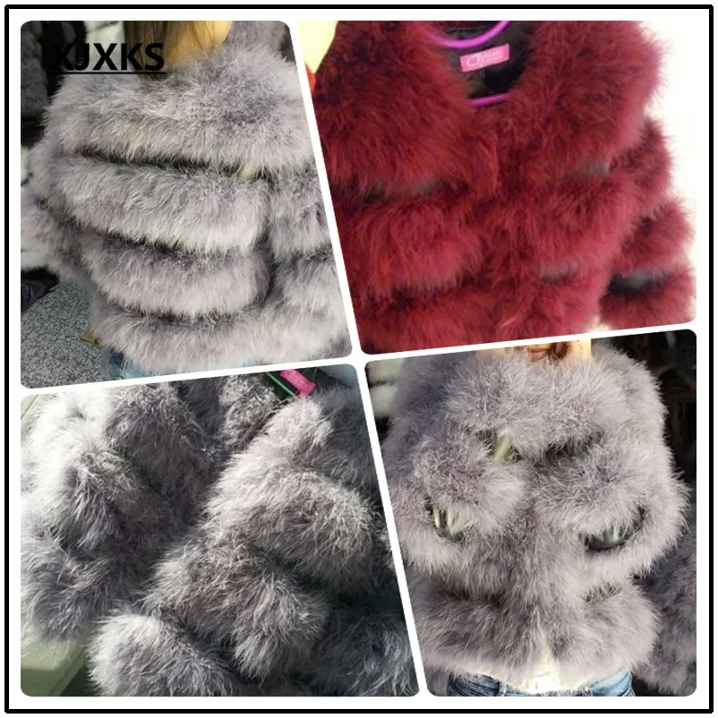 Новинка 2018 шуба из страусиного пера и искусственной кожи с пэчворком короткое