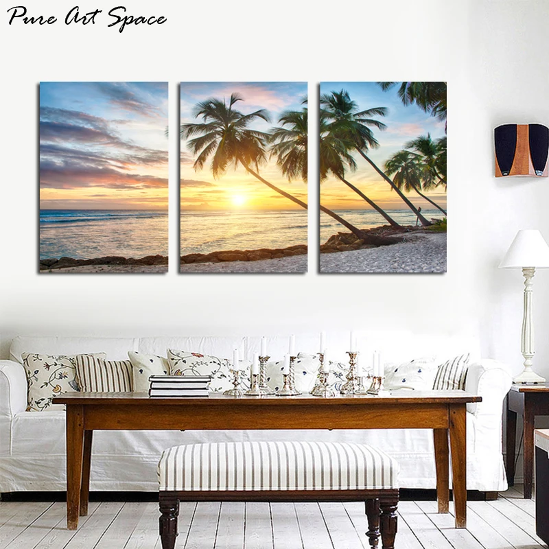 

Palm Tree Painting Beach Art Canvas Sunset Seascape Oil Painting Coconut Tree Print wall Art Picture for Living Room