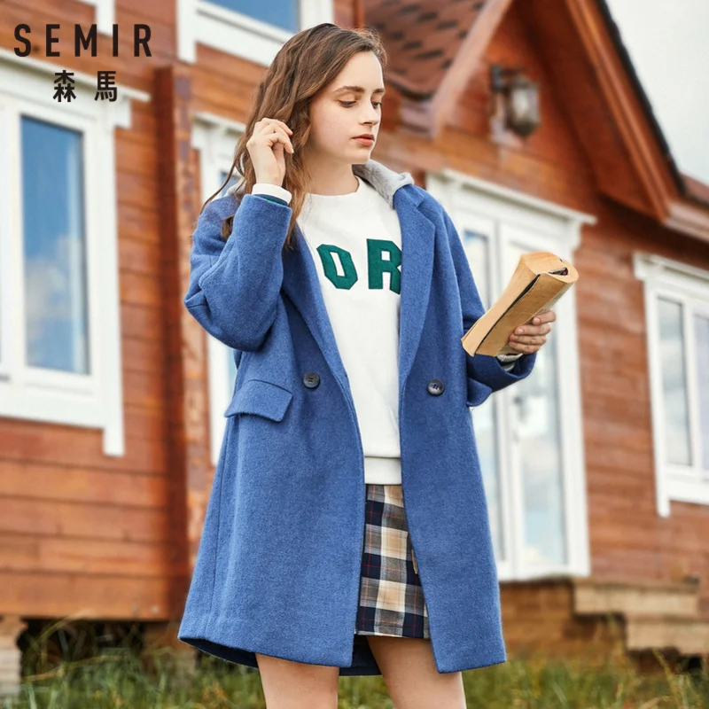 Женское двубортное пальто с капюшоном SEMIR из смесовой шерсти контрастным