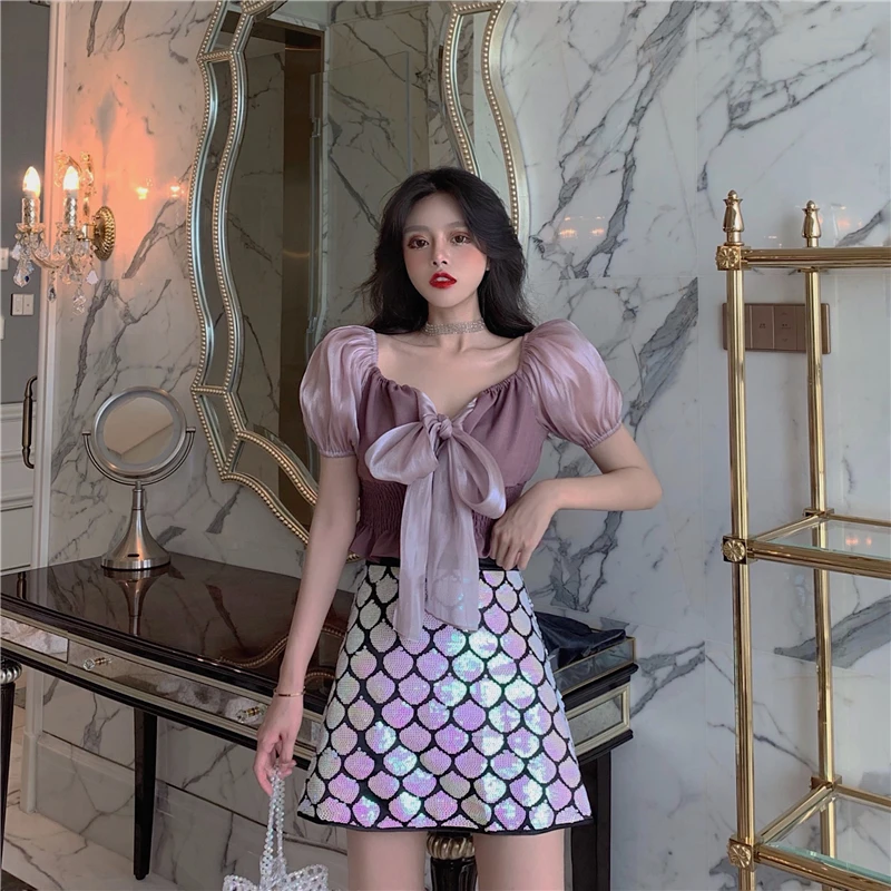 Blusas mujer de moda 2019 шикарный топ с рукавами-фонариками топы женские блузки летние