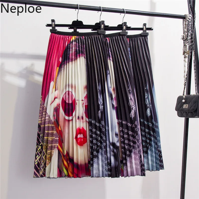 Neploe Pleated Skirt Women Summer 2020 Sunglasses Beauty Print Skirts Letter Elastic Waist Jupe 43630 | Женская одежда