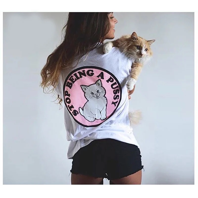 Кот хип-хоп рубашка Женская Базовая футболка панк перестать быть Pussy письмо