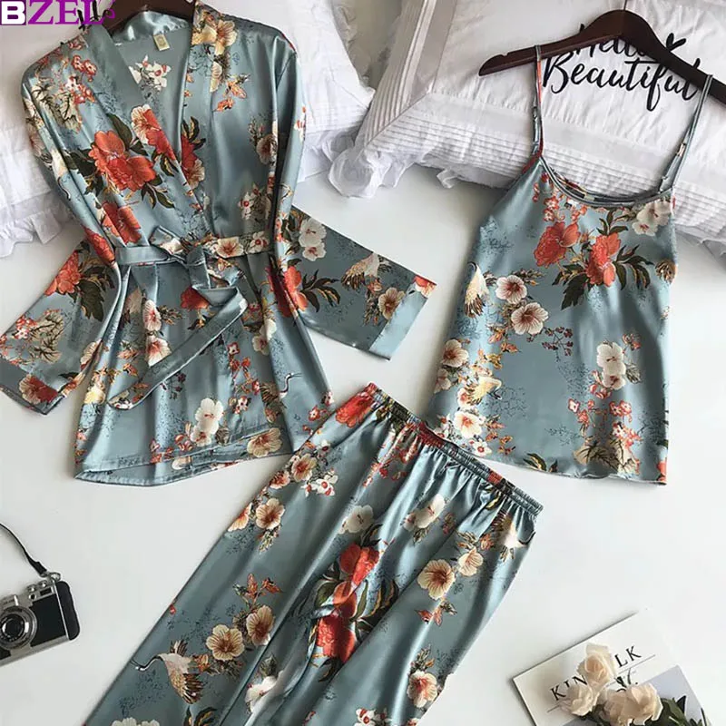 

Women's Robe Autumn Printed Long Sleeve Simulated Silk Leisure Wear Thin Sexy Three-piece Suit Coat+Vest+Pants Pajama Set Femme