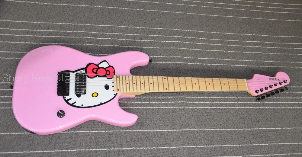 Shelly магазин фабрика на заказ 7 струн розовый hello kitty cat Реверсивный головной убор 1 в красная точка инкрустация черный тюнер ST электрогитара