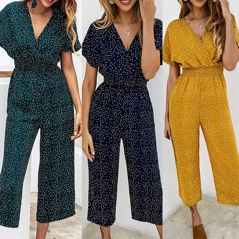 Женские широкие брюки с короткими рукавами и v-образным вырезом в горошек Летний