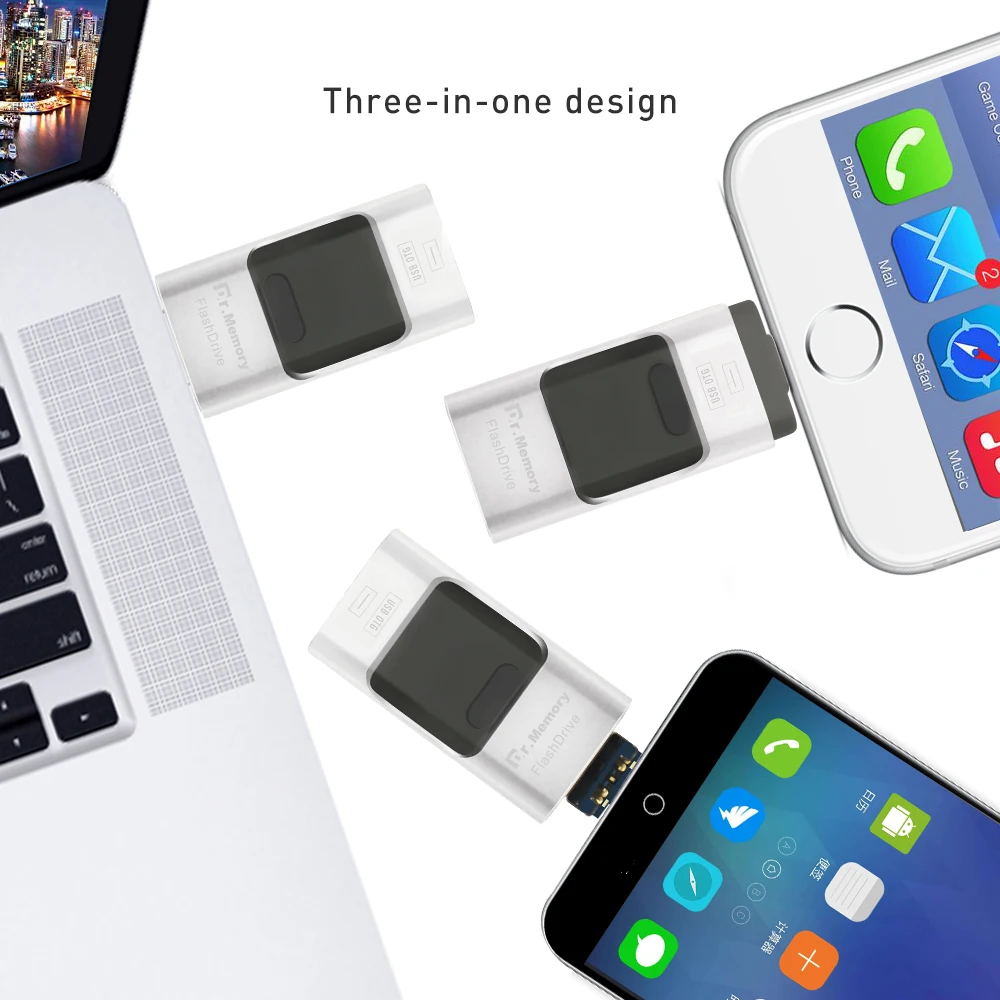 Металлический USB флеш накопитель Dr. Memory OTG для Apple iPhone 5S SE 6 6S Plus 7 3 в 1 металлический - Фото №1