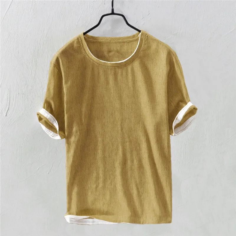 3XL Мужская льняная короткая Однотонная футболка женская летняя короткий рукав Тонкий Повседневный модный топ camiseta hombre зеленый - Цвет: Цвет: желтый