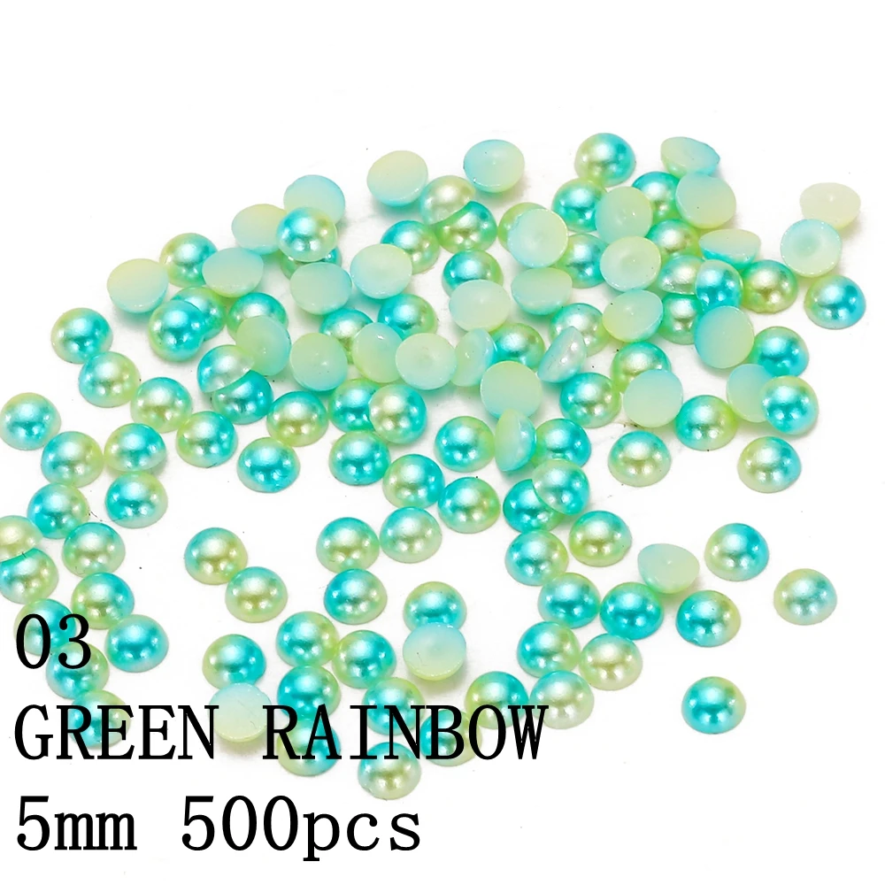 03 GREEN 5mm 500pcs Маленькая упаковка радужных полукруглых жемчужин 3 мм 4 мм 5 мм 6 мм с плоской задней частью, имитация рукоделия, свадебные платья, 3D украшения для дизайна ногтей - Цвет: 03 GREEN 5mm 500pcs