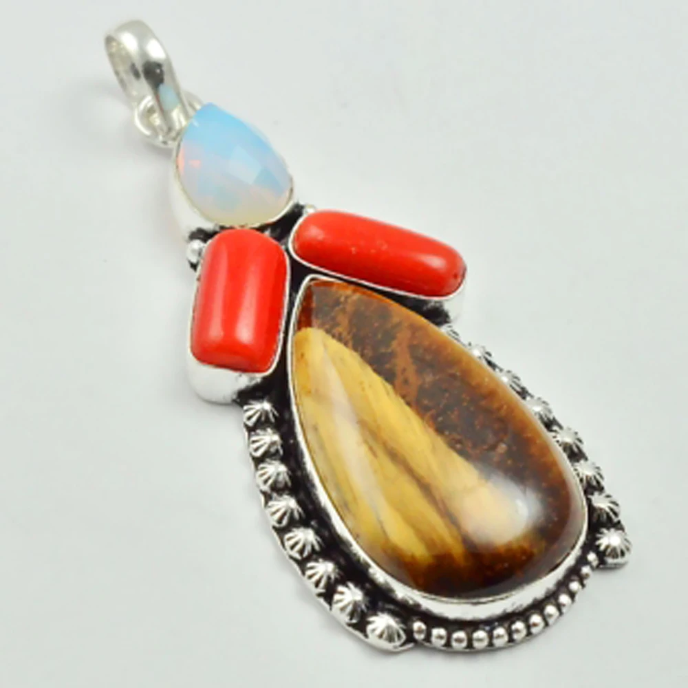

Tiger Eye & Coral Pendant Silver Overlay over Copper , 75 mm, P3105