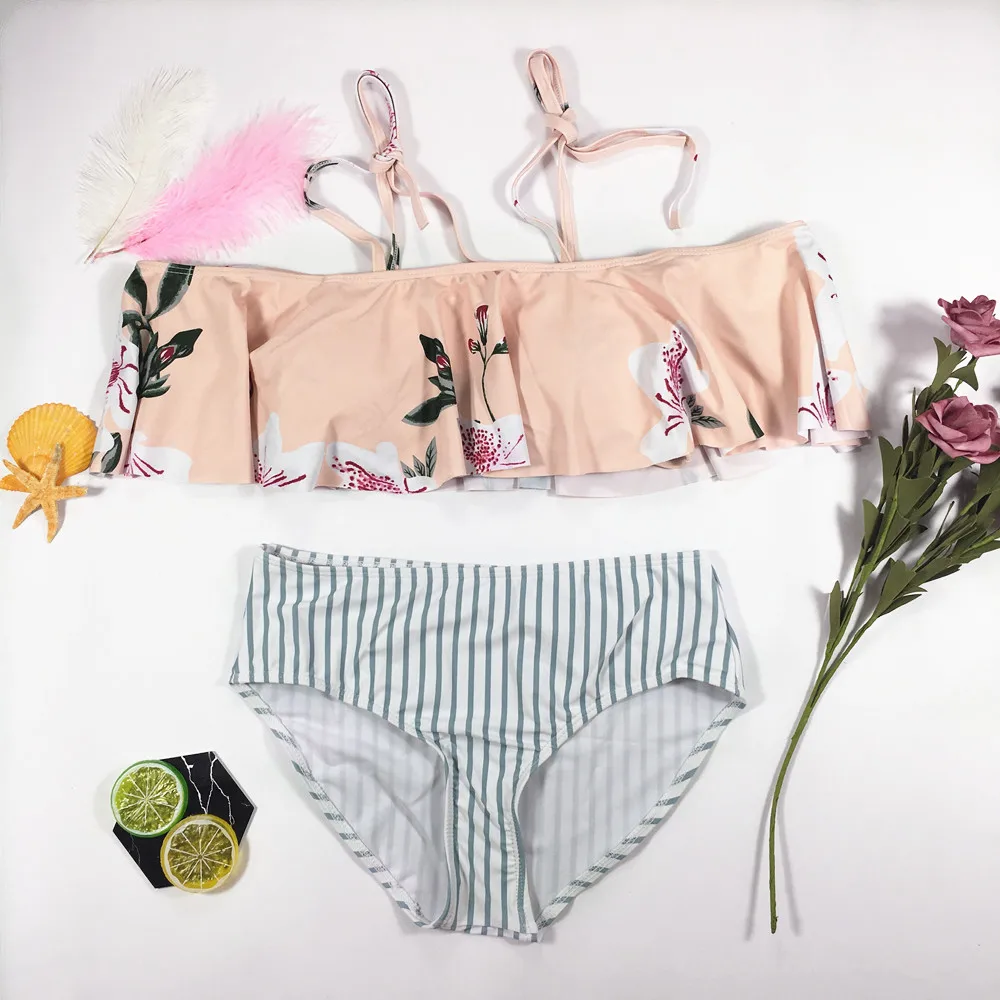 

Sexy bikini High Waist Swimsuit Ruffle Swimwear 2018 Women Striped Biquini Swim Bathing Suit Off Shoulder Swimwear Bikinis Women