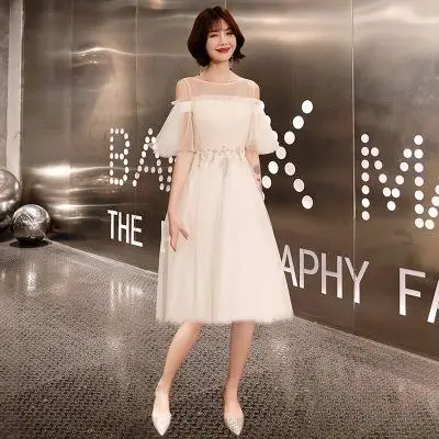 Vestidos De Festa Mrs Win вечерние платья трапециевидной формы с круглым вырезом и короткими рукавами с открытыми плечами кружевное платье - Цвет: Tea-Length