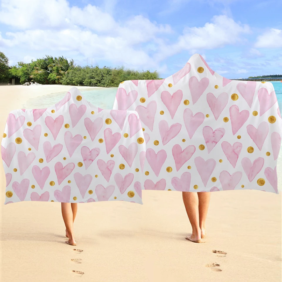 Miracille Pink Heart Wearable Hooded Towel Bohemia Geometric Bathroom Towel With Hood Spot Travel Beach Towel For Girls Kids