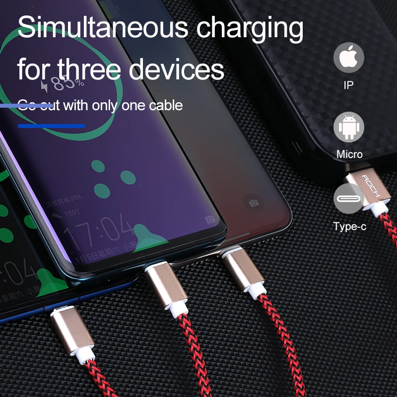 ROCK 3 в 1 USB кабель для iPhone X 8 7 6 Hi tensed Универсальный зарядный шнур микро usb type C samsung S9
