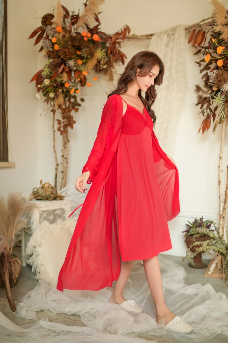 Женская кружевная ночная рубашка с длинным рукавом и V образным вырезом|Ночные