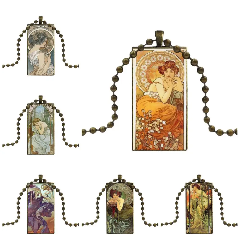 EJ glaze Alfons Mucha Primavera модный стеклянный кабошон кулон прямоугольное ожерелье колье