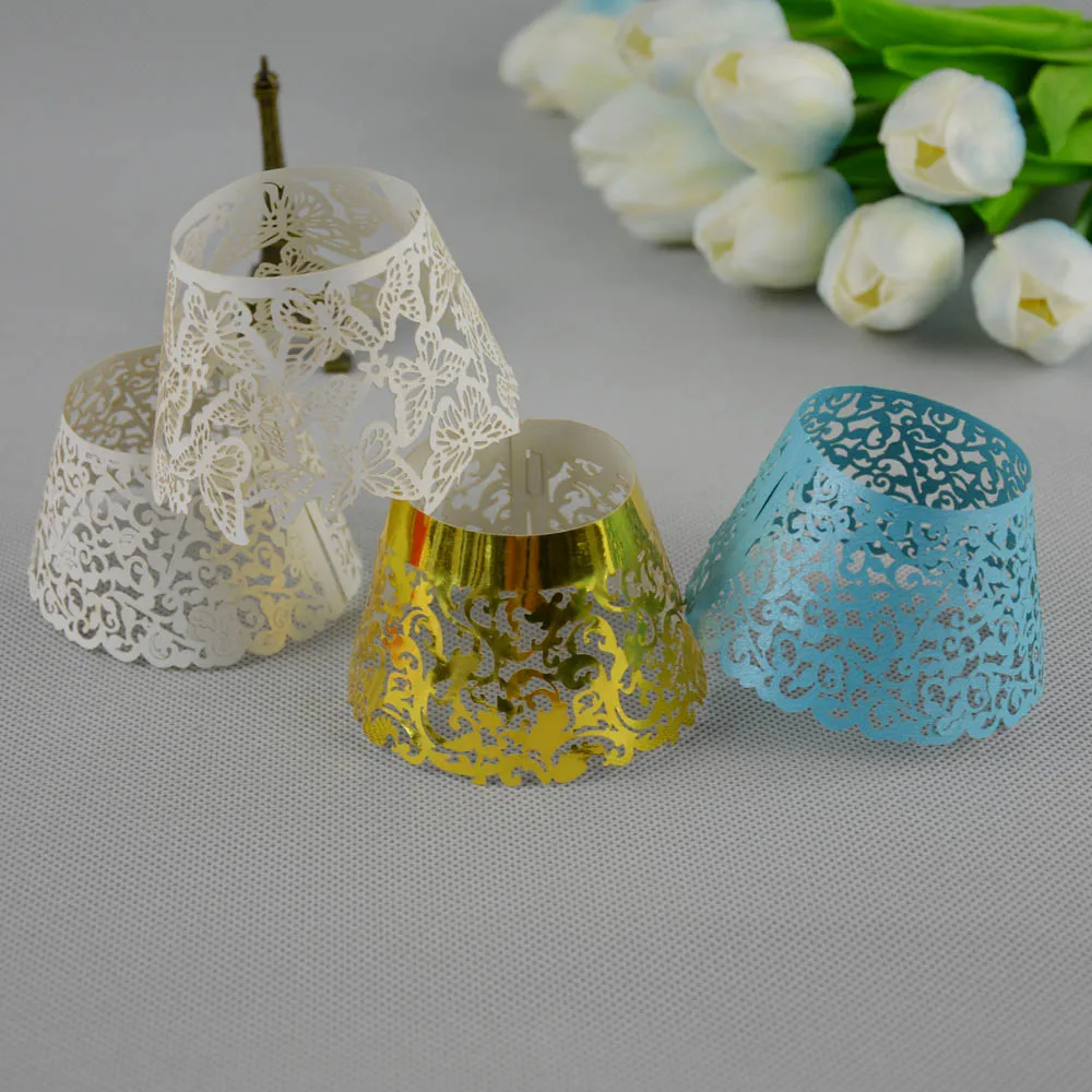 100 шт./лот белый/синий/золото MULTI Цвет Лазерная резка Кекс Обертка свадебный торт