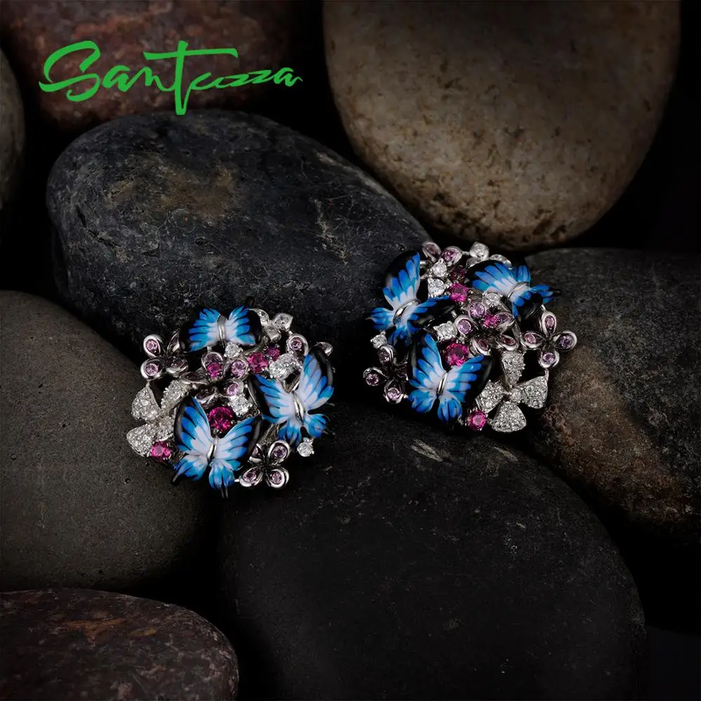 SANTUZZA, серебряные серьги для женщин, 925 пробы, серебряные серьги, кубический цирконий, нежная голубая бабочка, модное ювелирное изделие, эмаль