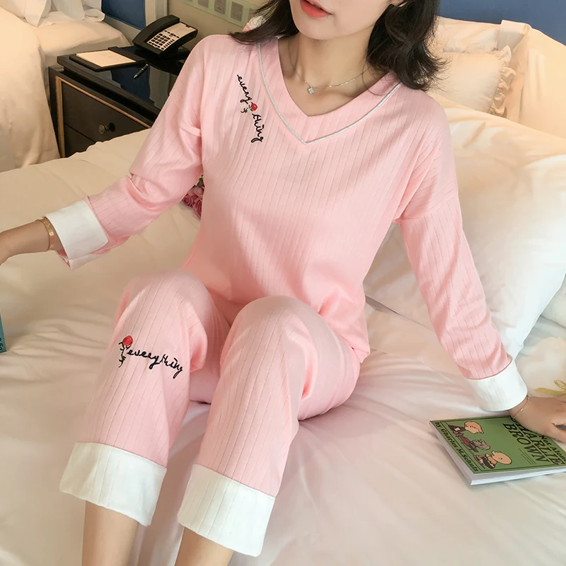 Женский пижамный комплект из хлопка с длинными рукавами свободные длинные штаны