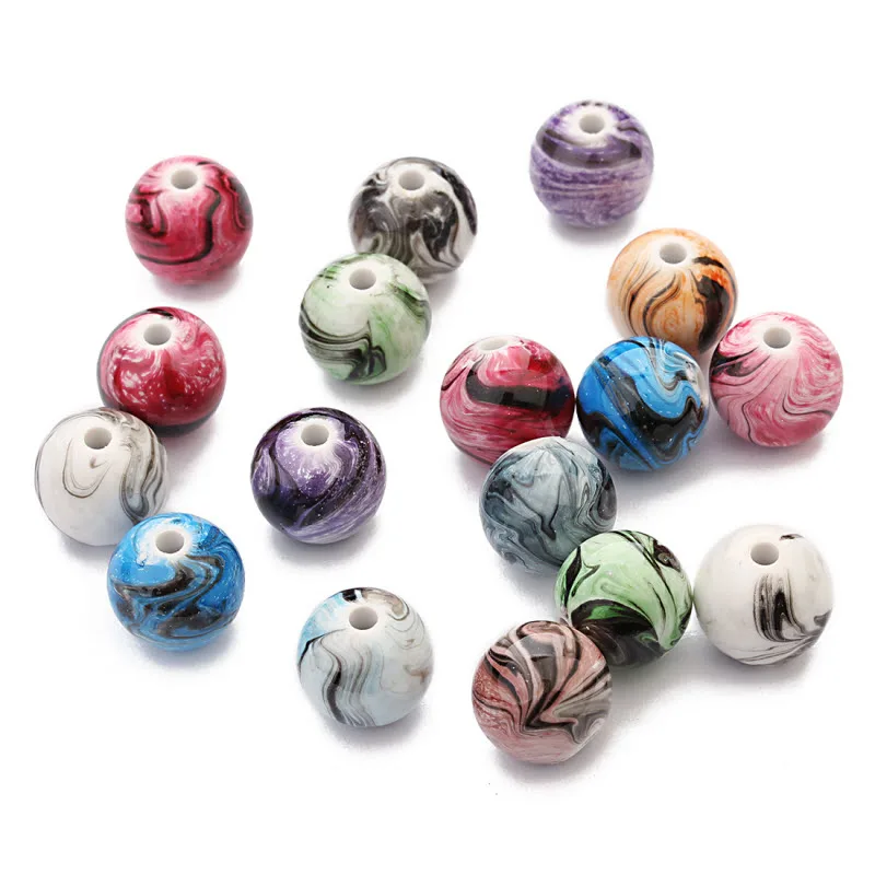 

LINSOIR High Quality 100pcs 8mm 10mm 12mm Assorted Color Resin Beads Ink Painting Loose Charm Bead Diy For Jewelry Making F7103