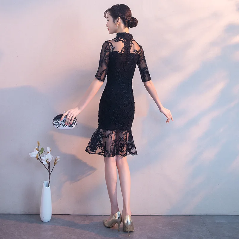 Черный короткое Кружевное платье традиционное китайское платье Qipao женские вечерние платья Винтаж Cheongsam Для женщин свадебное платье с разрезами по бокам и воротником-стойкой современный