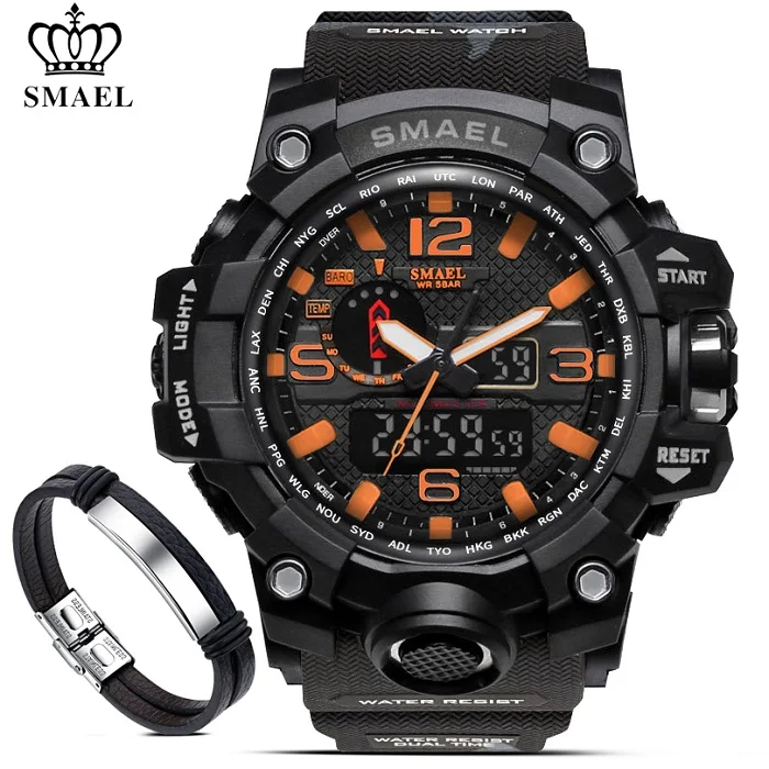1545B Black orange SMAEL, мужские военные водонепроницаемые цифровые часы 50 м, мужские светодиодный кварцевые часы, спортивные часы, мужские часы 1545+ Набор браслетов - Цвет: 1545B Black orange