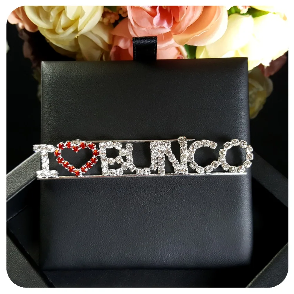 

Fashion Pins Accessories Handmade Crystal Jewelry "I LOVE BUNCO" Word Brooch Pin