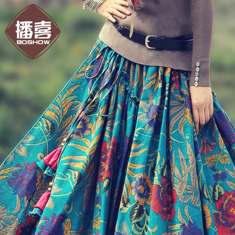 Женская юбка BOSHOW хлопковая льняная с цветным принтом оригинальный дизайн на