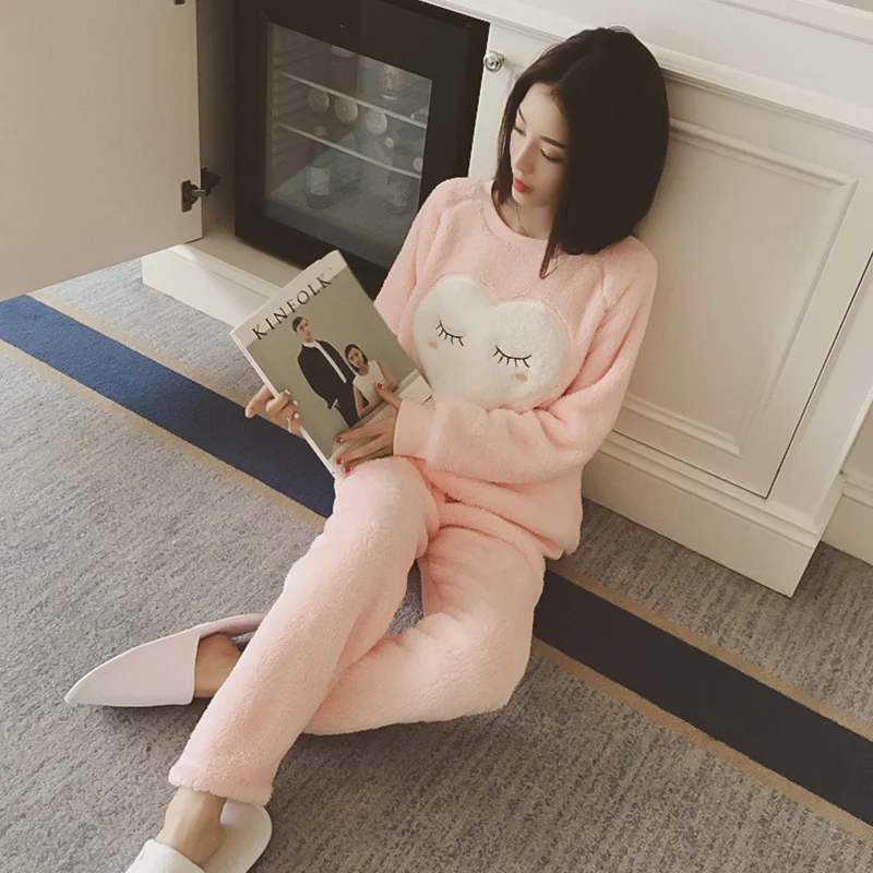 pink Женские пижамные комплекты из кораллового флиса, осень, милые теплые плюшевые пижамы с круглым вырезом, домашняя одежда, женская мягкая Толстая Пижама - Цвет: pink