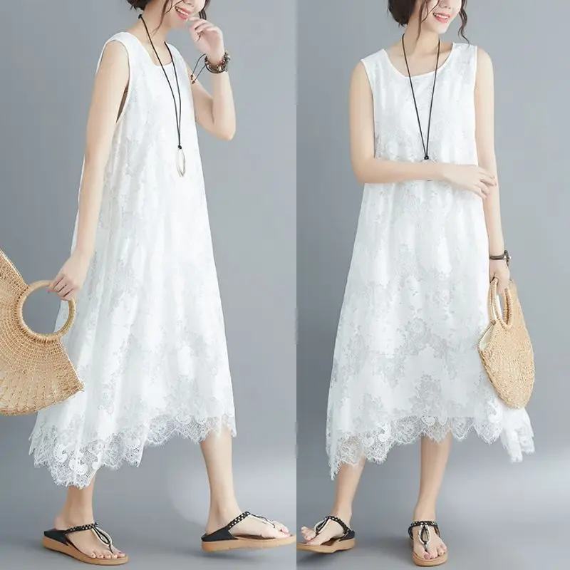 

NYFS 2020 New Summer dress Loose Ladies Vintage solid Lace dress Literary simplicity loose sleeveles long dress Vestidos Robe