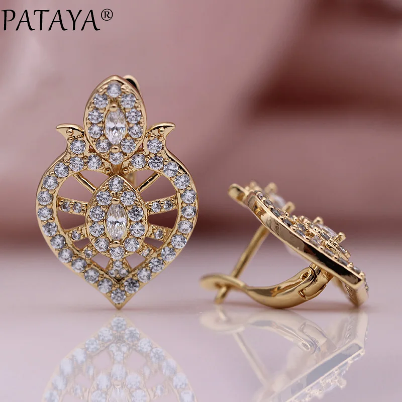 PATAYA New Wedding Luxury Hollow Dangle Earrings 585 Rose Gold Horse Eye White Natural Zircon Women Lovely Cute Fashion Jewelry | Украшения
