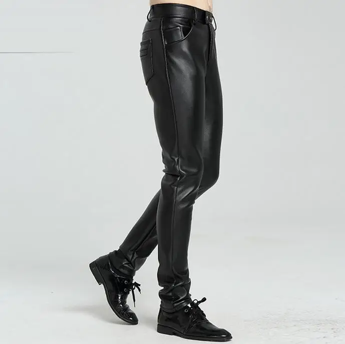 Teenage velvet thicken mens leather trousers patchwork slim personality motorcycle faux leather pants mens autumn winter