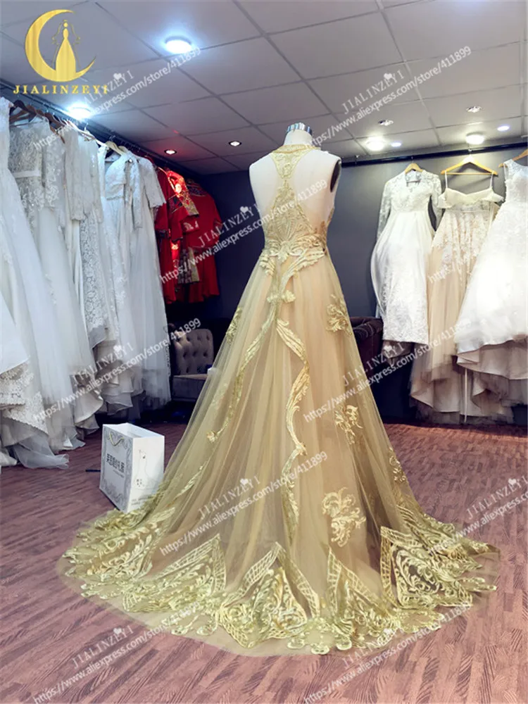 JIALINZEYI New Sexy Halter Gold Lace Embroidery See Through A-line Backlless Formal Dresses Party Evening Dresses 2020