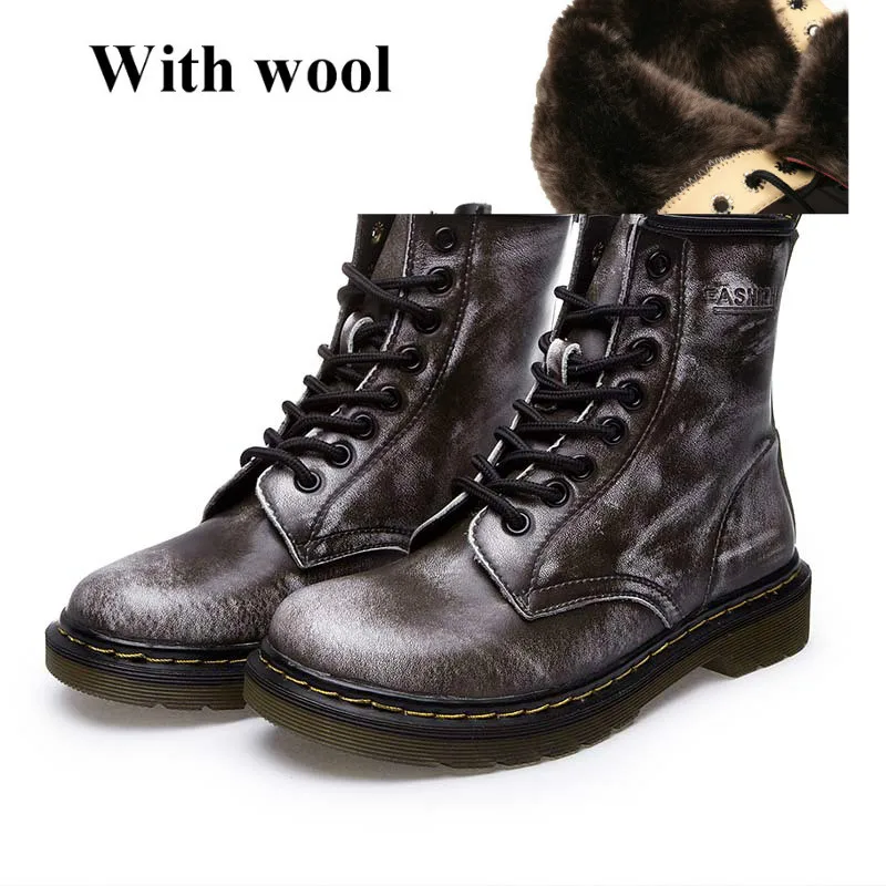 grey with wool Женские Ботинки martin из натуральной кожи; зимняя теплая обувь; botas feminina; женские модные ботильоны в байкерском стиле; женские ботинки; botas mujer - Цвет: grey with wool