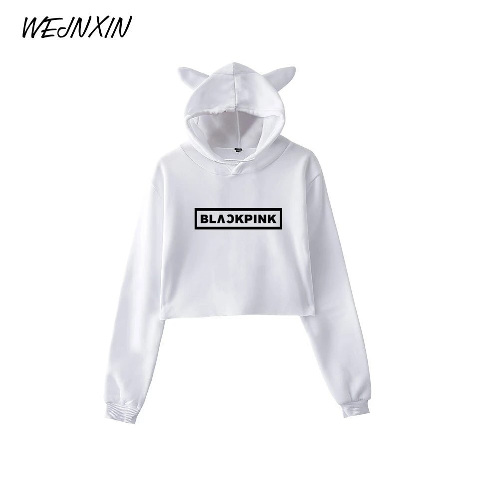 WEJNXIN Kawaii худи с кошачьими ушами для женщин Kpop BLACKPINK вентиляторы Толстовка поддержка дамы BLACKPINK Письмо печати укороченный Топы Одежда