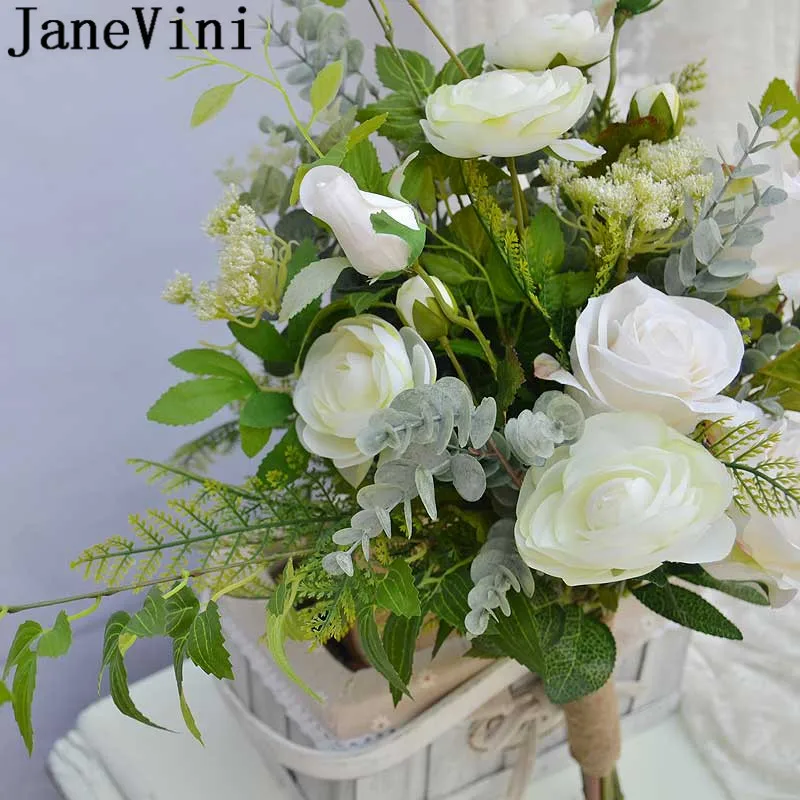JaneVini Artificial White Flower Wedding Bouquet Bridesmaid Brooch for a Bride Silk Green Leaves Bridal Flowers Bukiet | Свадьбы и