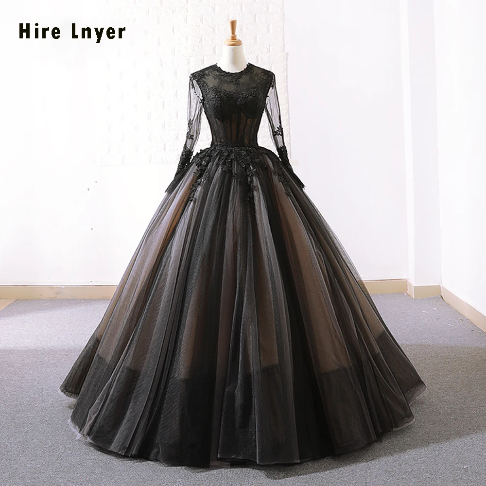 HIRE LNYER China New Arrive Long Sleeve O-neck Zipper Up Appliques Lace Illusion Black Ball Gown Wedding Dress Plus Size Mariage | Свадьбы и