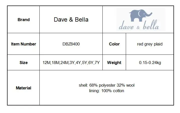 DBZ8400 dave bella/осеннее шерстяное платье платья без рукавов для маленьких девочек детское платье для дня рождения детская одежда в клетку, 1 предмет