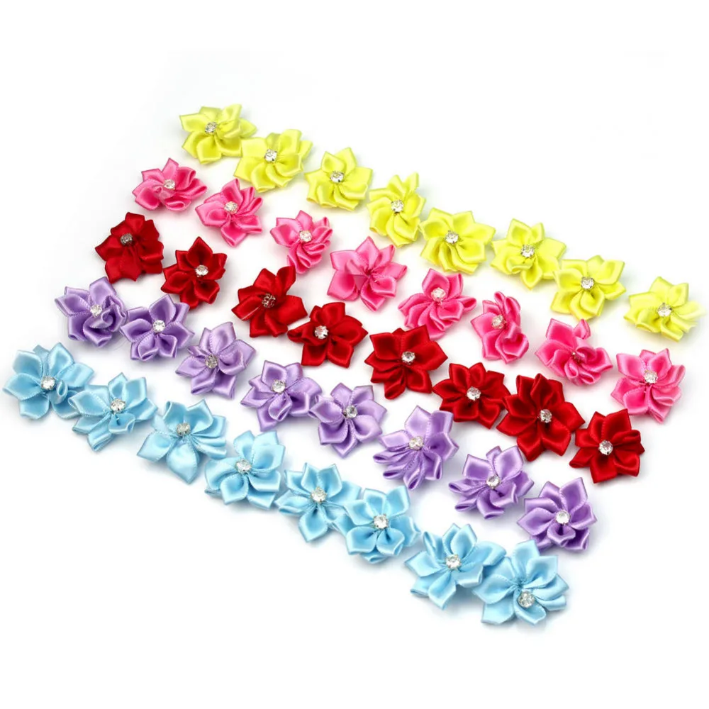 Милая атласная лента 40 шт./лот цветок из ткани со стразами для маленьких девочек